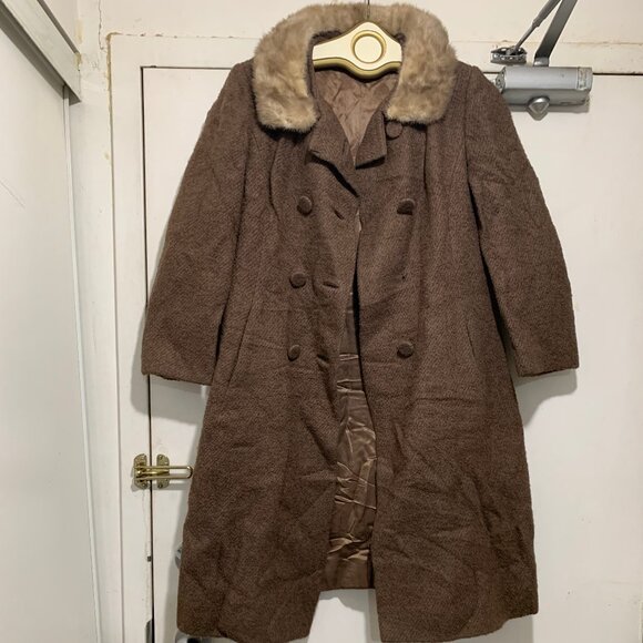 VINTAGE UNION LABEL REAL FUR COLLAR WOOL TRENCH COATS SIZE S - Picture 2 of 13